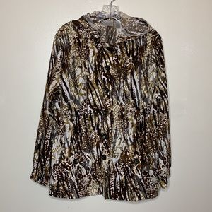 CHICO’S ZENERGY Jacket  Brown & Gold Hoodie Button Front Drawstring Waistband 12